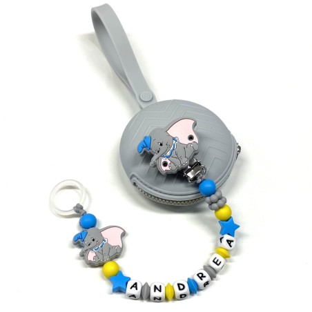 Babyjart Silikonschnullerkette PRESTIGE DUMBO mit Name, Haken/Adapter Schnuller MAM und CHICCO