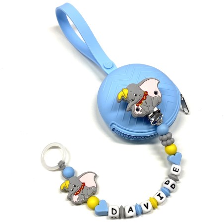 Babyjart Catenella portaciuccio PRESTIGE DUMBO in silicone con nome, gancio/adattatore ciuccio MAM e CHICCO