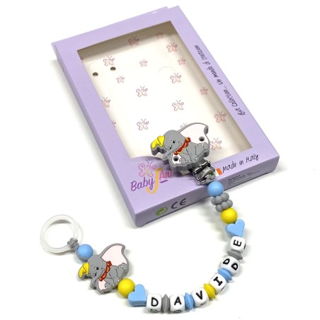 Babyjart silicone dummy chain PRESTIGE DUMBO with name, hook/adapter pacifier MAM and CHICCO