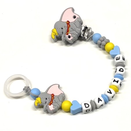 Babyjart Silikonschnullerkette PRESTIGE DUMBO mit Name, Haken/Adapter Schnuller MAM und CHICCO