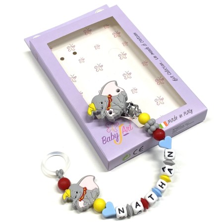 Babyjart Silikonschnullerkette PRESTIGE DUMBO mit Name, Haken/Adapter Schnuller MAM und CHICCO