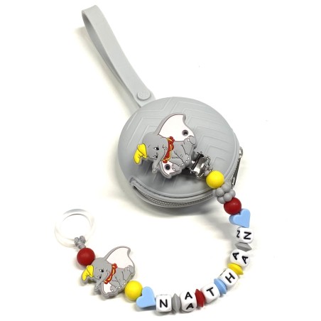 Babyjart Silikonschnullerkette PRESTIGE DUMBO mit Name, Haken/Adapter Schnuller MAM und CHICCO