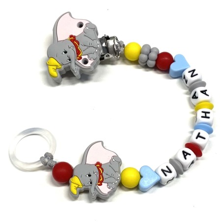 Babyjart Catenella portaciuccio PRESTIGE DUMBO in silicone con nome, gancio/adattatore ciuccio MAM e CHICCO