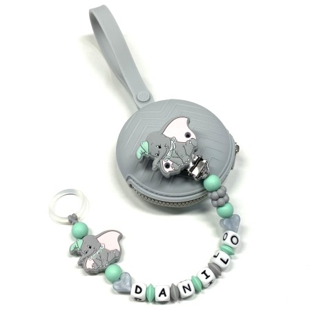 Babyjart silicone dummy chain PRESTIGE DUMBO with name, hook/adapter pacifier MAM and CHICCO