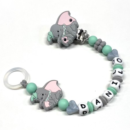 Babyjart Cadena PRESTIGE DUMBO de silicona para chupete con nombre, gancho/adaptador para chupete mam y modelo de chicco