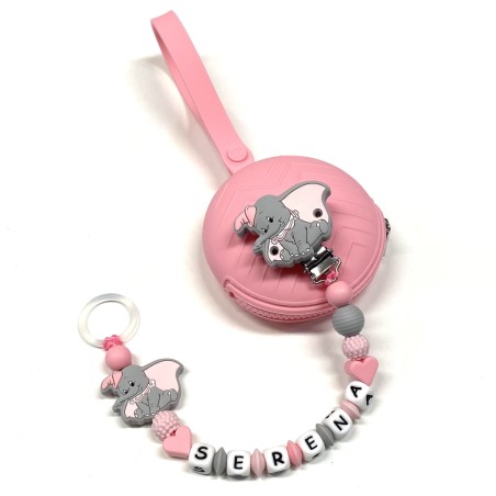 Babyjart Silikonschnullerkette PRESTIGE DUMBO mit Name, Haken/Adapter Schnuller MAM und CHICCO