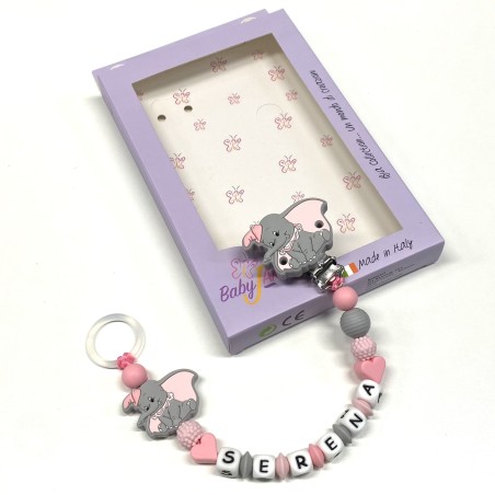 Babyjart silicone dummy chain PRESTIGE DUMBO with name, hook/adapter pacifier MAM and CHICCO