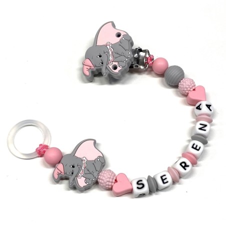 Babyjart silicone dummy chain PRESTIGE DUMBO with name, hook/adapter pacifier MAM and CHICCO