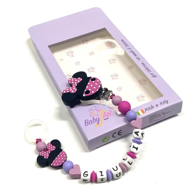 Babyjart Cadeia de chupeta MINNIE BICOLOR de silicone com nome, adaptador de chupeta MAM e modelo CHICCO