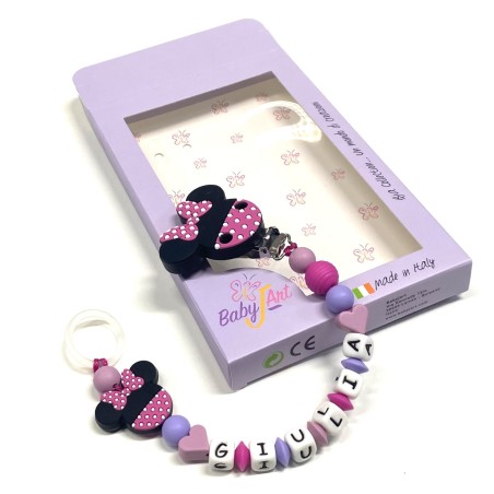 Babyjart Cadeia de chupeta MINNIE BICOLOR de silicone com nome, adaptador de chupeta MAM e modelo CHICCO