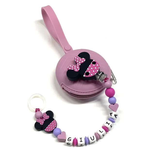 Babyjart Cadeia de chupeta MINNIE BICOLOR de silicone com nome, adaptador de chupeta MAM e modelo CHICCO