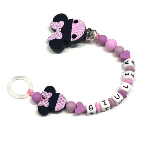 Babyjart Silikonschnullerkette PRESTIGE MINNIE BICOLOR mit Name, Haken/Adapter Schnuller MAM und CHICCO