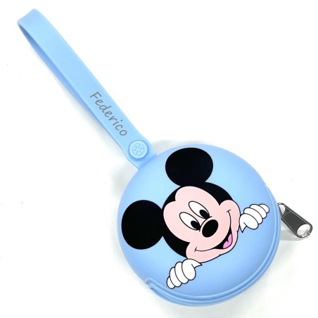 PERSONNALISER Étui à chaîne rond pour porte-sucette MICKEY MOUSE BLUE PASTEL