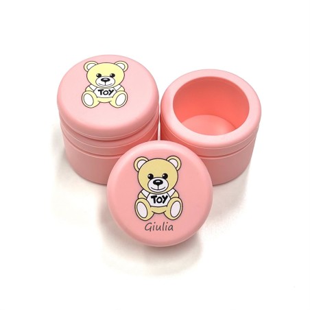 PERSONALIZE Frasco para Dentes de Leite SILICONE MOSCHINO ROSA PASTEL