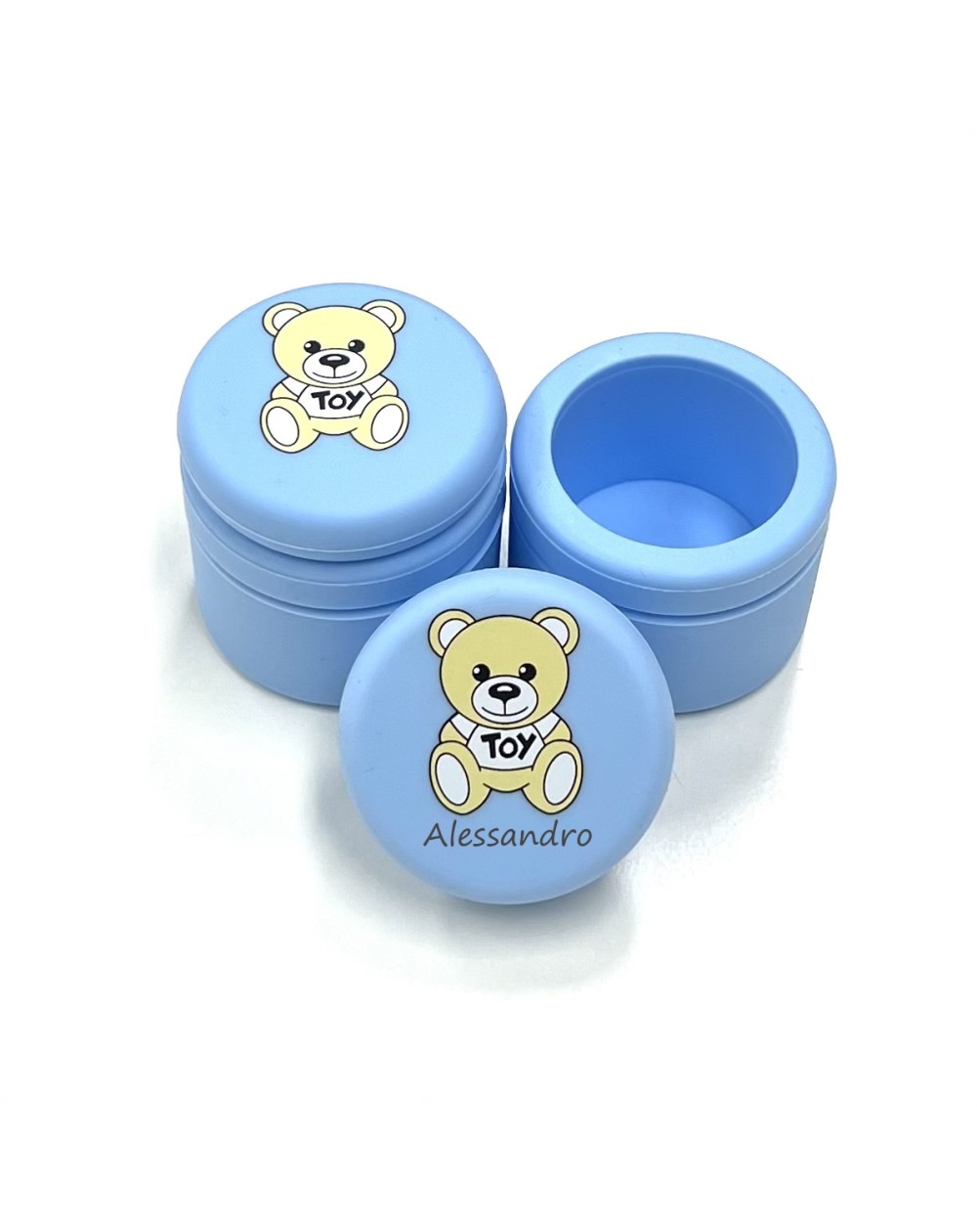 PERSONNALISER Pot Pour Dents de Lait SILICONE MOSCHINO BLEU PASTEL