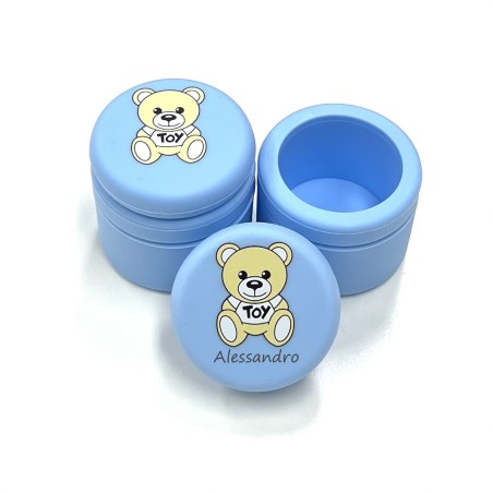 PERSONALIZE Frasco para Dentes de Leite SILICONE MOSCHINO AZUL PASTEL