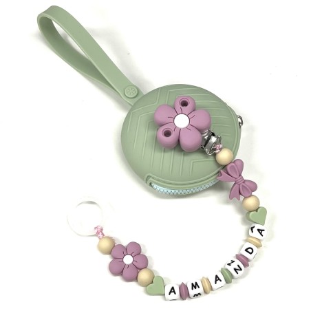 Babyjart silicone dummy chain PRESTIGE DAISY with name, hook/adapter pacifier MAM and CHICCO