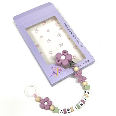 Babyjart silicone dummy chain PRESTIGE DAISY with name, hook/adapter pacifier MAM and CHICCO