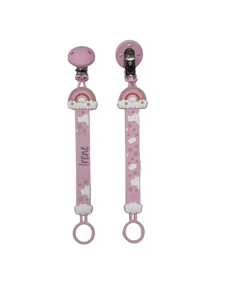 Catenella portaciuccio FLAT ARCOBALENO ROSA in silicone con nome, gancio/adattatore ciuccio MAM e CHICCO