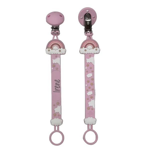 Catenella portaciuccio FLAT ARCOBALENO ROSA in silicone con nome, gancio/adattatore ciuccio MAM e CHICCO