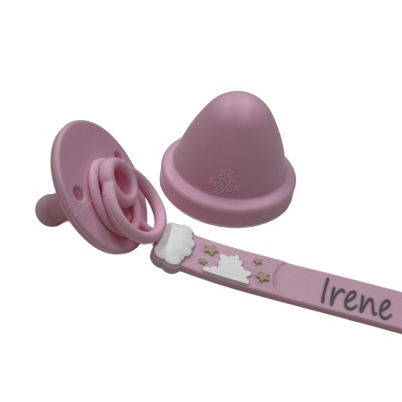 Pacifier chain in silicone FLAT RAINBOW PINK with name, hook / adapter pacifier MAM and CHICCO