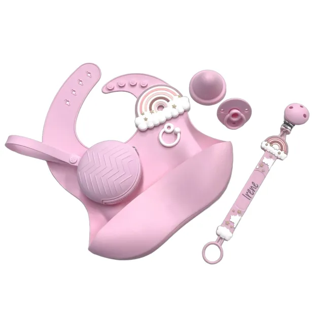 Catenella portaciuccio FLAT ARCOBALENO ROSA in silicone con nome, gancio/adattatore ciuccio MAM e CHICCO