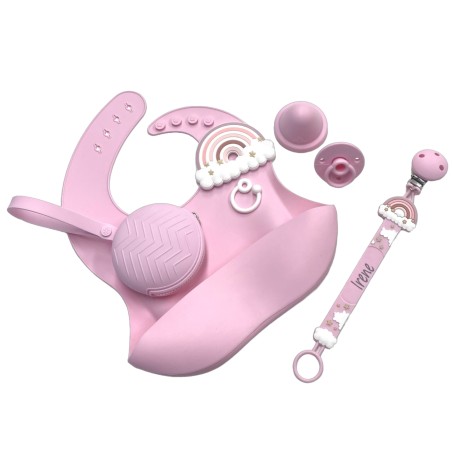 Pacifier chain in silicone FLAT RAINBOW PINK with name, hook / adapter pacifier MAM and CHICCO