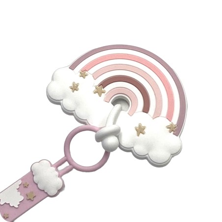 Pacifier chain in silicone FLAT RAINBOW PINK with name, hook / adapter pacifier MAM and CHICCO