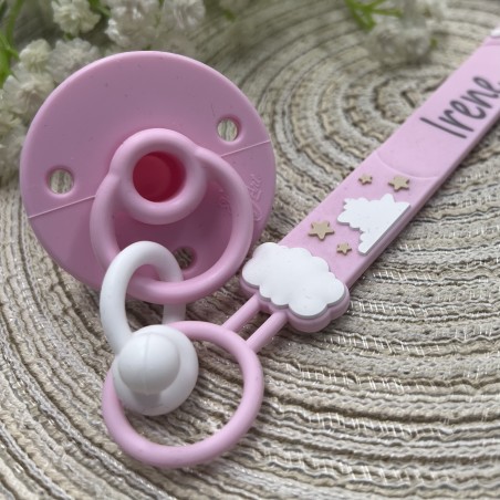 Pacifier chain in silicone FLAT RAINBOW PINK with name, hook / adapter pacifier MAM and CHICCO