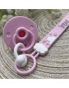 Pacifier chain in silicone FLAT RAINBOW PINK with name, hook / adapter pacifier MAM and CHICCO