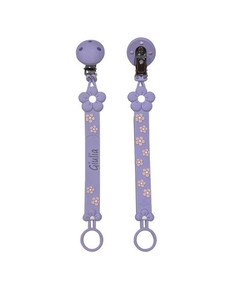 Catenella portaciuccio FLAT MARGHERITA GLICINE in silicone con nome, gancio/adattatore ciuccio MAM e CHICCO