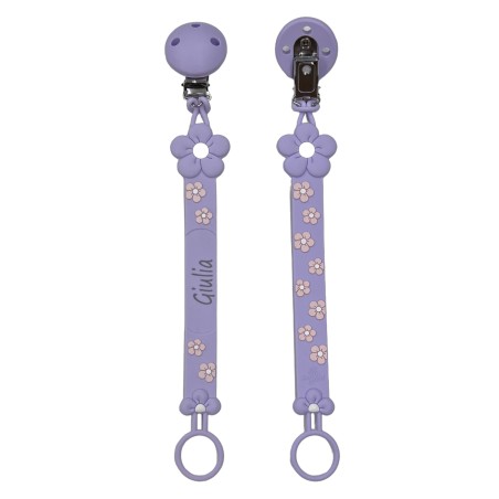 Pacifier chain in silicone FLAT DAISY WISTERIA with name, hook/adapter pacifier MAM/CHICCO