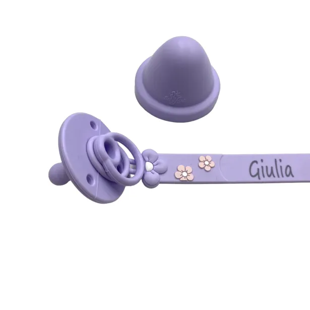 Catenella portaciuccio FLAT MARGHERITA GLICINE in silicone con nome, gancio/adattatore ciuccio MAM e CHICCO