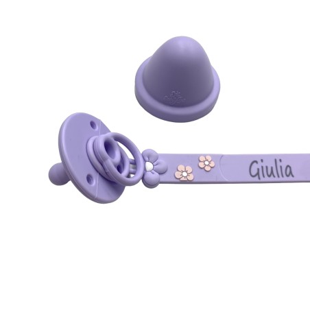 Silicone dummy chain silicone FLAT DAISY with name, hook / adapter pacifier MAM and CHICCO