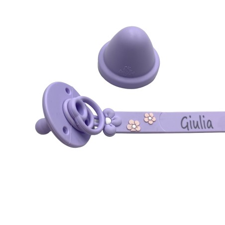Pacifier chain in silicone FLAT DAISY WISTERIA with name, hook/adapter pacifier MAM/CHICCO