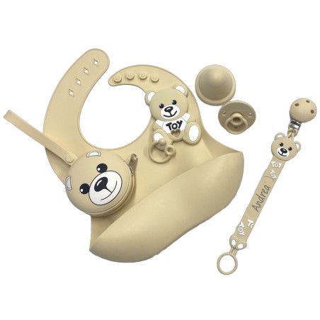 Pacifier chain in silicone FLAT MOSCHINO with name, hook / adapter pacifier MAM and CHICCO