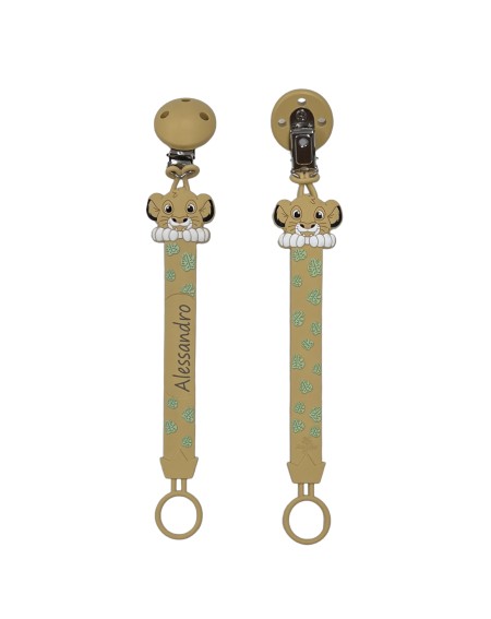 Catenella portaciuccio FLAT LEONE NATURALE in silicone con nome, gancio/adattatore ciuccio MAM e CHICCO