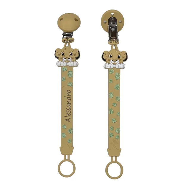 Cadena de chupete FLAT LEÓN NATURAL de silicona para chupete con nombre, gancho / adaptador para chupete mam y modelo de chicco