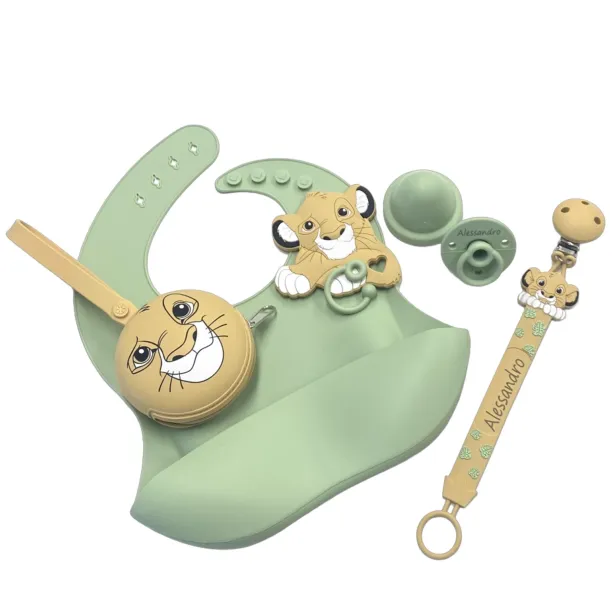 Catenella portaciuccio FLAT LEONE NATURALE in silicone con nome, gancio/adattatore ciuccio MAM e CHICCO