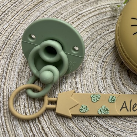 Pacifier chain in silicone FLAT LION NATURAL with name, hook / adapter pacifier MAM and CHICCO
