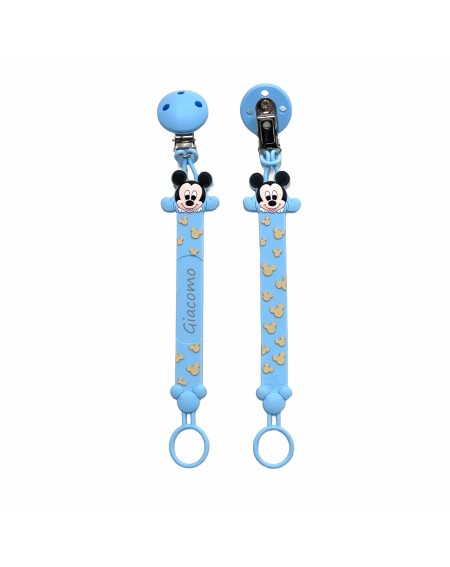 Catenella portaciuccio FLAT TOPOLINO in silicone con nome, gancio/adattatore ciuccio MAM e CHICCO