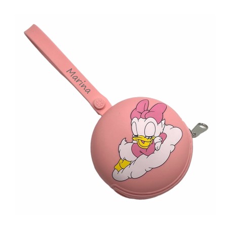 PERSONALIZE Porta-chupeta redondo com corrente DAISY DUCK ROSA PASTEL