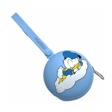 PERSONALIZA Estuche Cadena Porta Chupete Redondo DONALD DUCK AZUL PASTEL