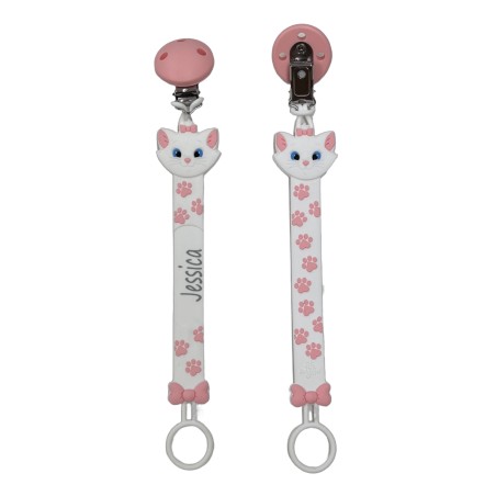 Catenella portaciuccio FLAT MINOU in silicone con nome, gancio/adattatore ciuccio MAM e CHICCO