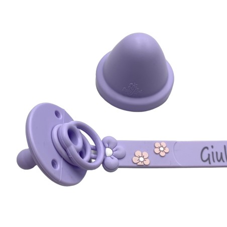 Catenella portaciuccio FLAT MARGHERITA GLICINE in silicone con nome, gancio/adattatore ciuccio MAM e CHICCO