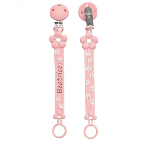 Pacifier chain in silicone FLAT DAISY PASTEL PINK with name, hook/adapter pacifier MAM/CHICCO