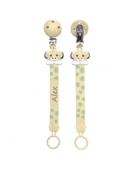 Catenella portaciuccio FLAT LEONE BEIGE  in silicone con nome, gancio/adattatore ciuccio MAM e CHICCO