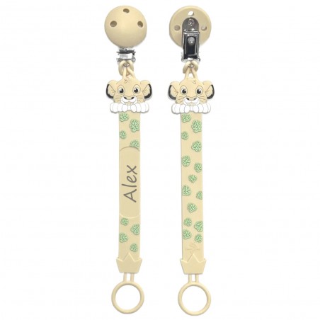 Pacifier chain in silicone FLAT LION BEIGE  with name, hook / adapter pacifier MAM and CHICCO