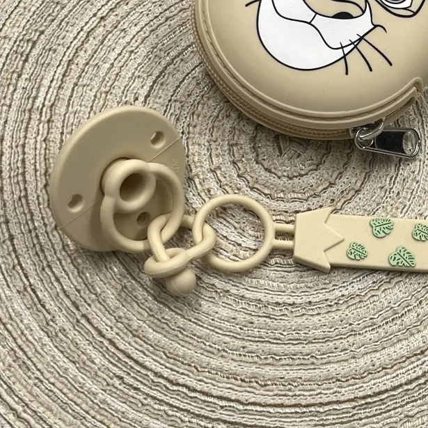 Pacifier chain in silicone FLAT LION BEIGE  with name, hook / adapter pacifier MAM and CHICCO