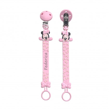 Pacifier chain in silicone FLAT MINNIE MOUSE LIGHT PINK with name, hook/adapter pacifier MAM/CHICCO